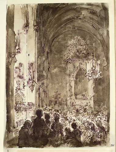 Dibuix - Interior d’una església gòtica amb fidels que preguen (Barcelona) -