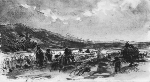 Dibuix - Figures treballant al camp vora d’un riu -