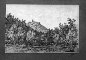 Dibuix - Paisatge amb turó i ruïnes d’un castell al fons (castell de Montsoriu?) -