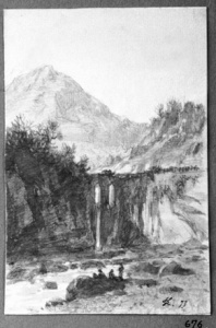 Dibuix - Paisatge muntanyós amb pont sobre un riu -