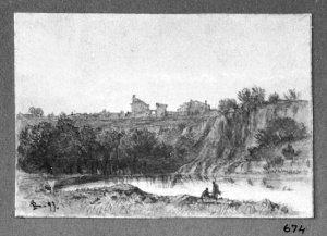 Dibuix - Riberes d’un riu amb poble al fons -