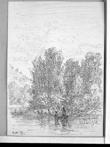 Dibuix - Ribera d’un riu amb figures -