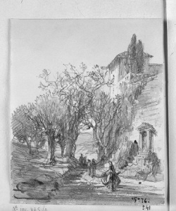 Dibuix - Camí amb personatges a la vora d’una casa (Sarrià?) -