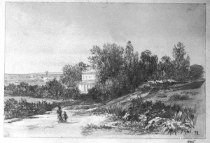 Dibuix - Paisatge amb palauet d’estil neoclàssic i dues figures -