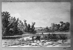 Dibuix - Riu amb figures i poble al fons -