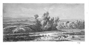 Dibuix - Paisatge amb riu, arbreda i castell al fons -