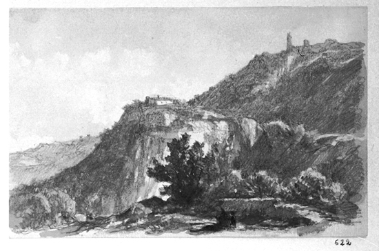 Dibuix - Paisatge muntanyós amb restes de fortificació al fons -