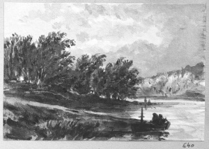 Dibuix - Ribera d’un riu amb barca -