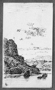 Dibuix - Riu amb rocam i poble al fons -