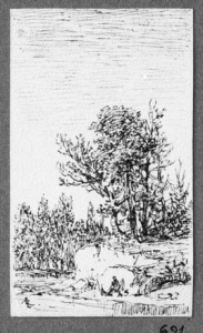 Dibuix - Ribera d’un riu amb figura i arbres -