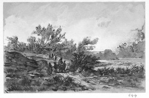 Dibuix - Camí amb figures a la vora d’un riu -