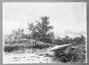 Dibuix - Riberes d\'un riu amb poble al fons -