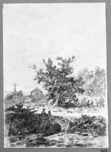 Dibuix - Paisatge amb ponts i molí -