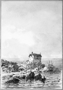 Dibuix - Paisatge de la costa amb pont i cases -