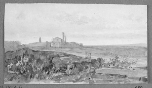 Dibuix - Paisatge amb poble al fons -