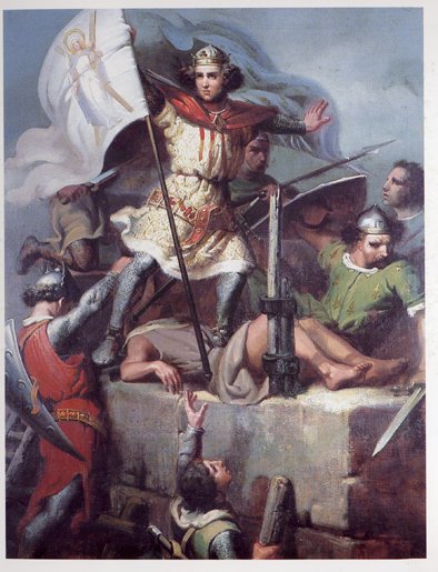 Pintura - El comte Ramon Berenguer III clavant l\'ensenya de Barcelona a la torre del castell de Fòs -