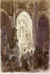 Dibuix - Interior d’un temple amb figures que preguen -