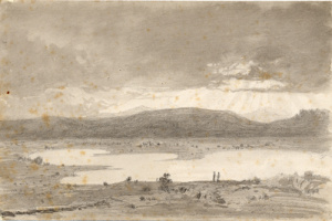 Dibuix - Paisatge amb estany (Banyoles ?) -