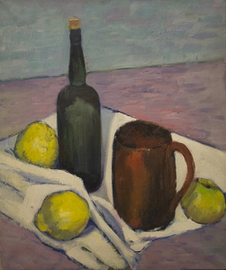 Pintura - Bodegó amb ampolla, gerra i fruites -