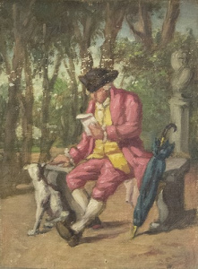 Pintura - Cavaller en un parc llegint, amb gos i paraigua -