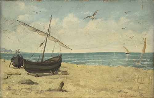 Pintura - Dues barquetes a la platja de Badalona -