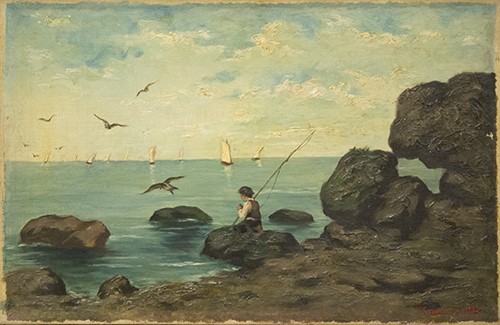 Pintura - Roques i un pescador amb velers -
