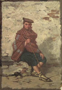 Pintura - Pagès assegut en un banc -